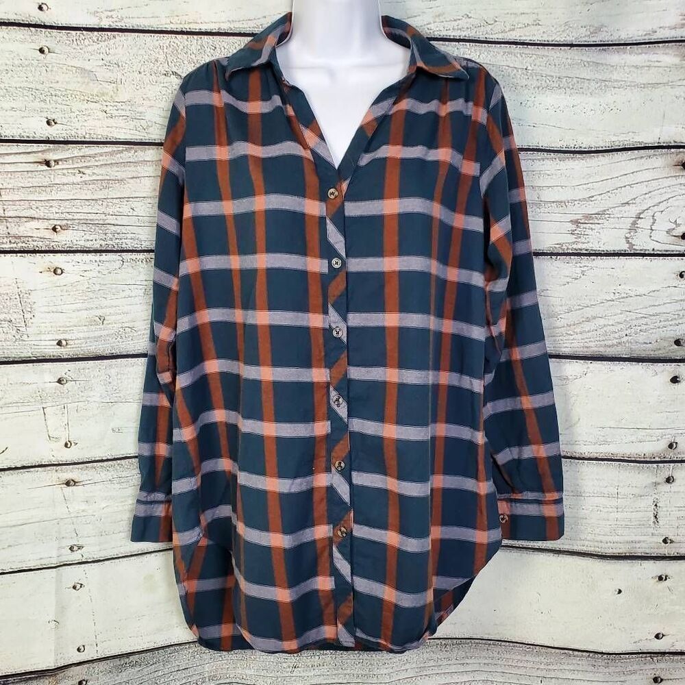 Knox Rose Women’s Plaid Button Down Tunic Shirt Size M Blue Rust Long Sleeve Top